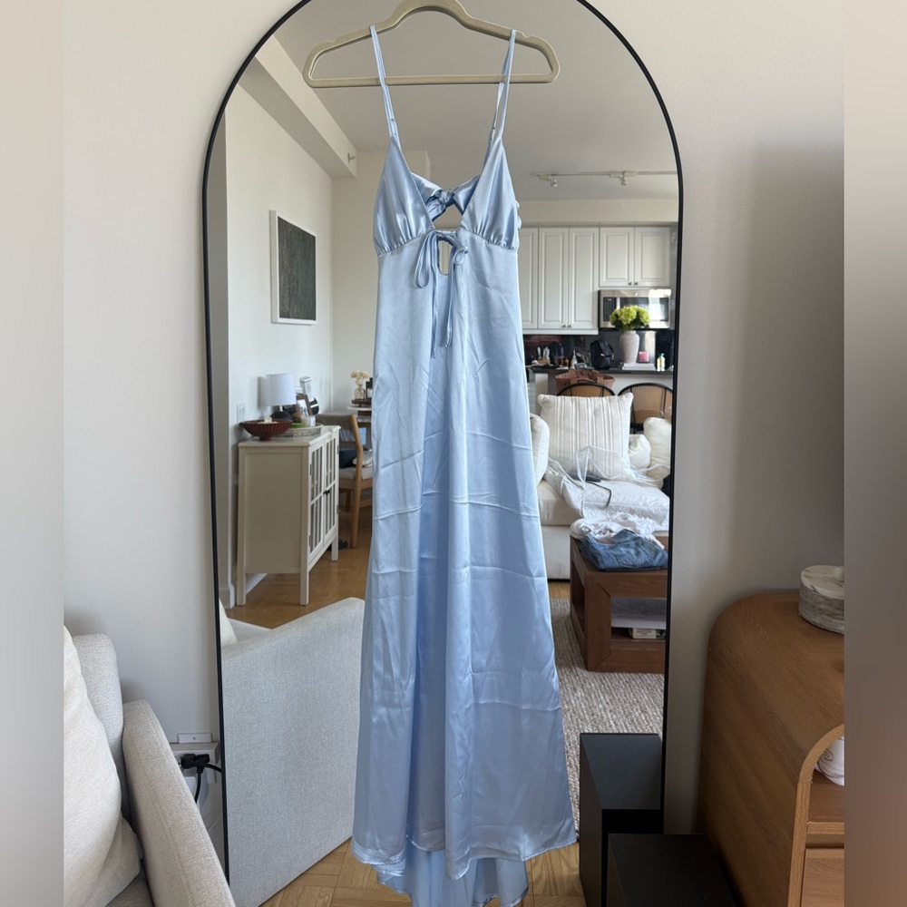 Light Blue Satin Maxi Dress with Front Tie